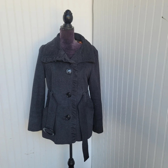 Steve Madden Womens Ruffle Front Jacket Charcoal Gray Belted Polyester Viscose M - Picture 1 of 14